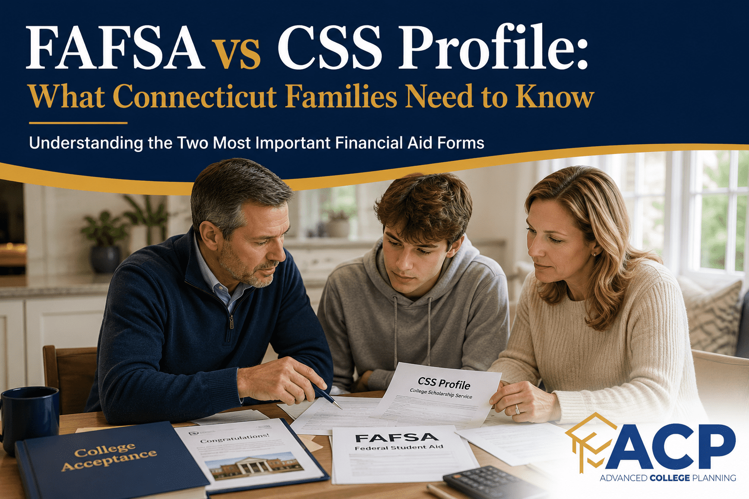 Connecticut family reviewing FAFSA and CSS Profile financial aid documents with college planning advisor